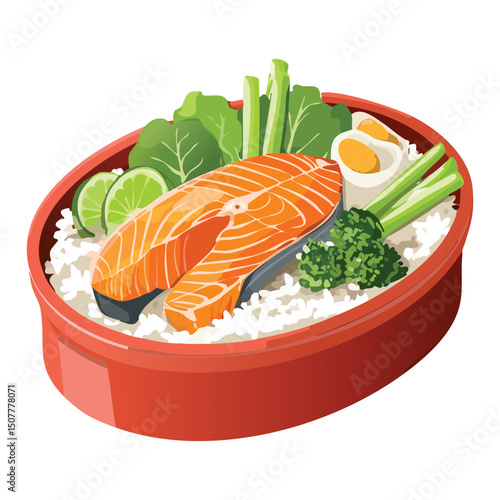 Salmon bento box with rice and veggies - Vector Illustration
