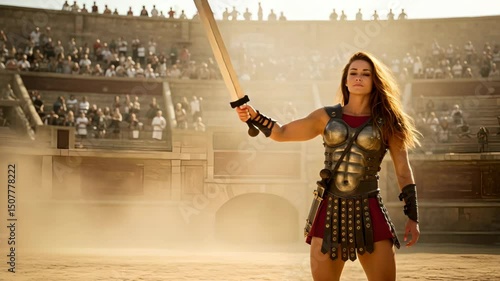 Woman raising sword in gladiatorial arena under golden light
