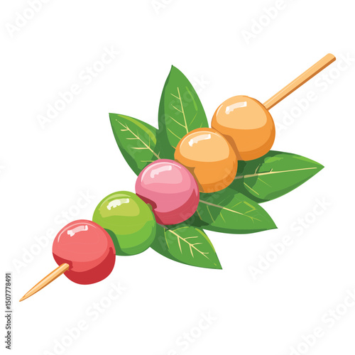 Dango Dessert Skewer with Leaf Decoration - Vector Illustration