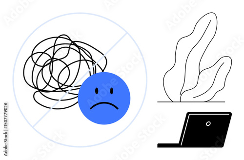 Crossed-out scribbles with a sad face, a laptop, and plant leaves nearby. Ideal for stress relief, productivity, workflow improvement, mental clarity, work-life balance, mindfulness simple landing