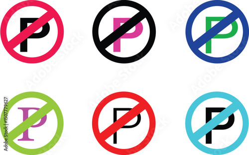  No parking and prohibited zone signs with color variants for vector signboard ui and print use.