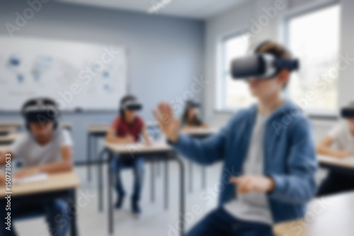 Wallpaper Mural [26/5 06.28] Dialfkrr: In high school, blurry photo of a teenage boy using a VR headset in class, exploring virtual reality. Technology, education, learning, innovation, interactive, students, blurry  Torontodigital.ca