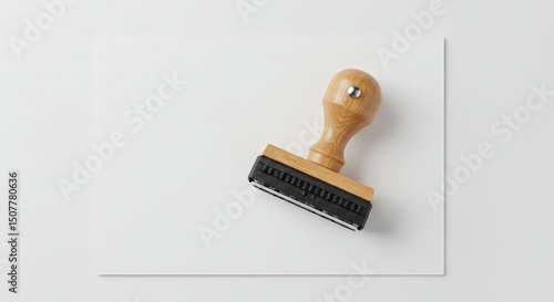 A classic wooden handled rubber stamp rests on a clean, white surface in a top-down studio shot.
