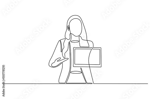 Continuous one line drawing of Business woman with the tablet. Single line drawing illustration of Saleswoman showing tablet. Business Blank screen concept vector art. Doodle line illustration.