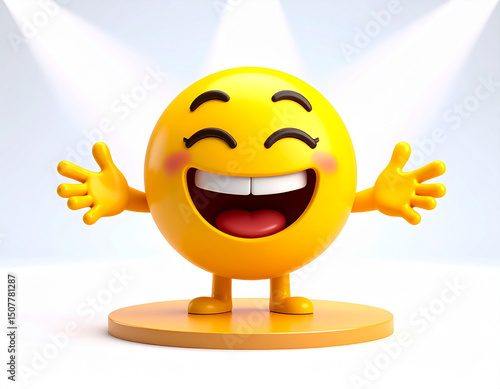 Joyful Emoji: A cheerful yellow emoji with open arms radiates positivity. Under spotlight, the smiling face with raised arms creates an inviting and friendly atmosphere.