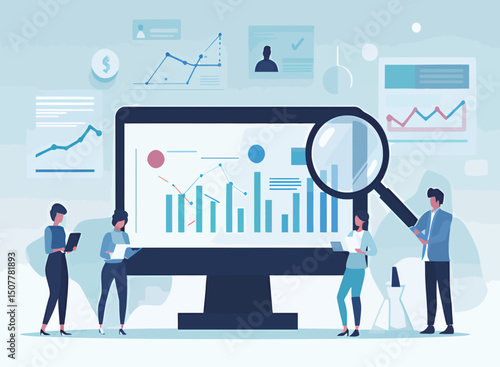 Diverse professionals analyzing data on a large digital screen with graphs.