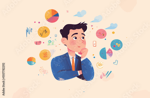 Thoughtful young man planning his next big idea with colorful charts in the background.