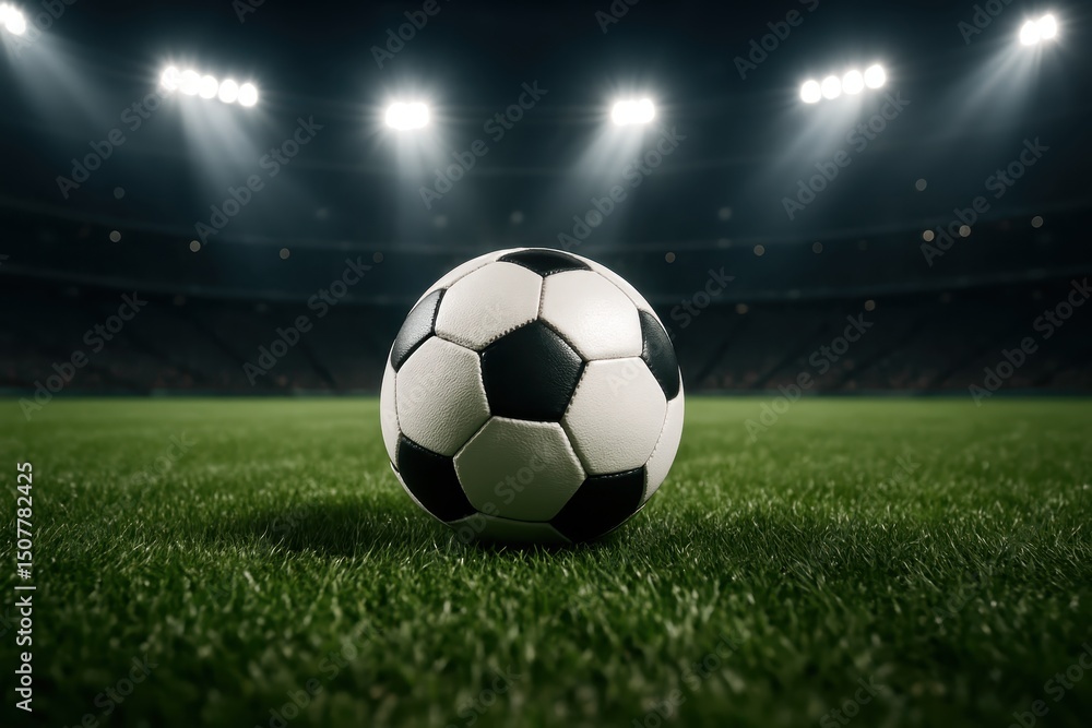 Obraz premium Classic Black and White Soccer Ball on Green Grass in a Stadium, Illuminated by Spotlights, Ready for a Match