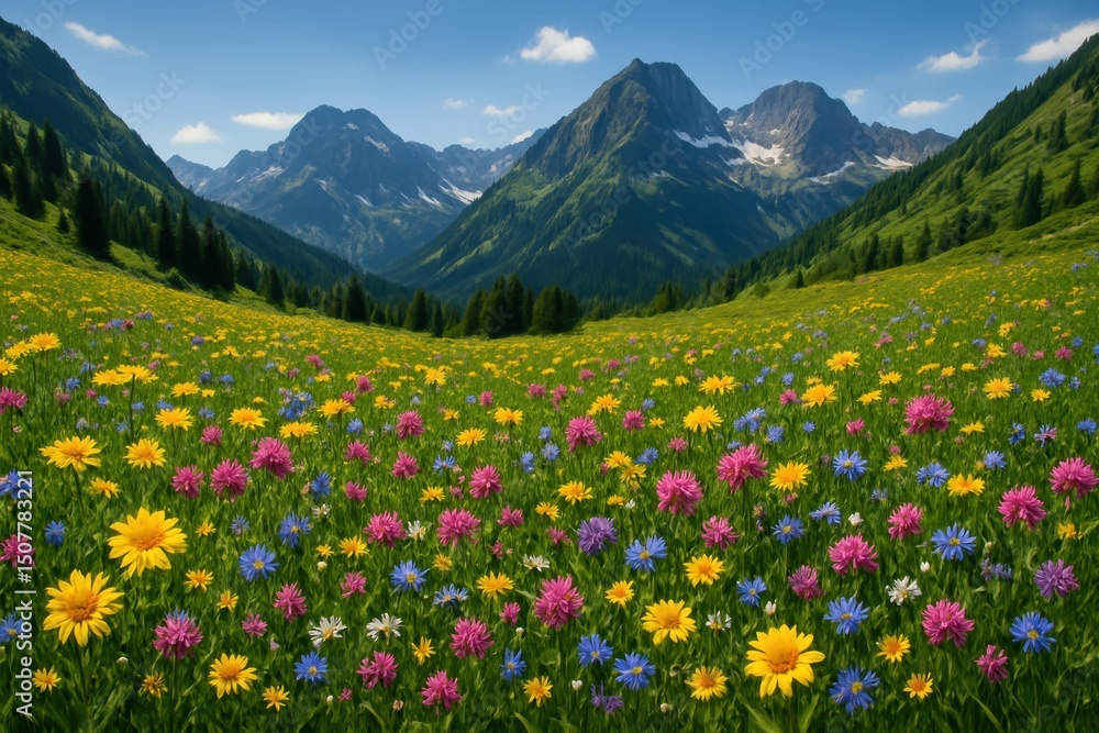 Colorful Blooming Mountain Meadow in Springtime with Vibrant Wildflowers and Lush Green Grass Colorful Blooming Mountain Meadow in Springtime with Vibrant Wildflowers and Lush Green Grass