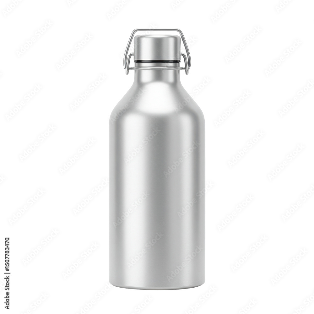 Sleek silver water bottle with a hinged cap stands out against the black background Sleek silver water bottle with a hinged cap stands out against the black background