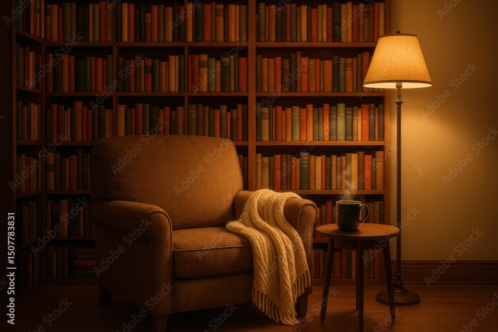 Cozy Reading Nook with Floor-to-Ceiling Bookshelf Filled with Colorful Vintage and Modern Books Soft Lamplight Cozy Reading Nook with Floor-to-Ceiling Bookshelf Filled with Colorful Vintage and Modern Books Soft Lamplight