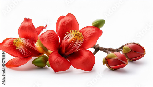 branch of blossoming bombax ceiba tree or red silk cotton flower isolated on white background