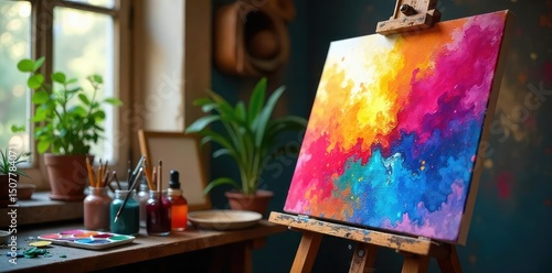 A vibrant studio scene featuring an artist's easel laden with colorful paints, brushes, and a partially finished canvas reflecting a burst of bright hues , oil, painting, canvas