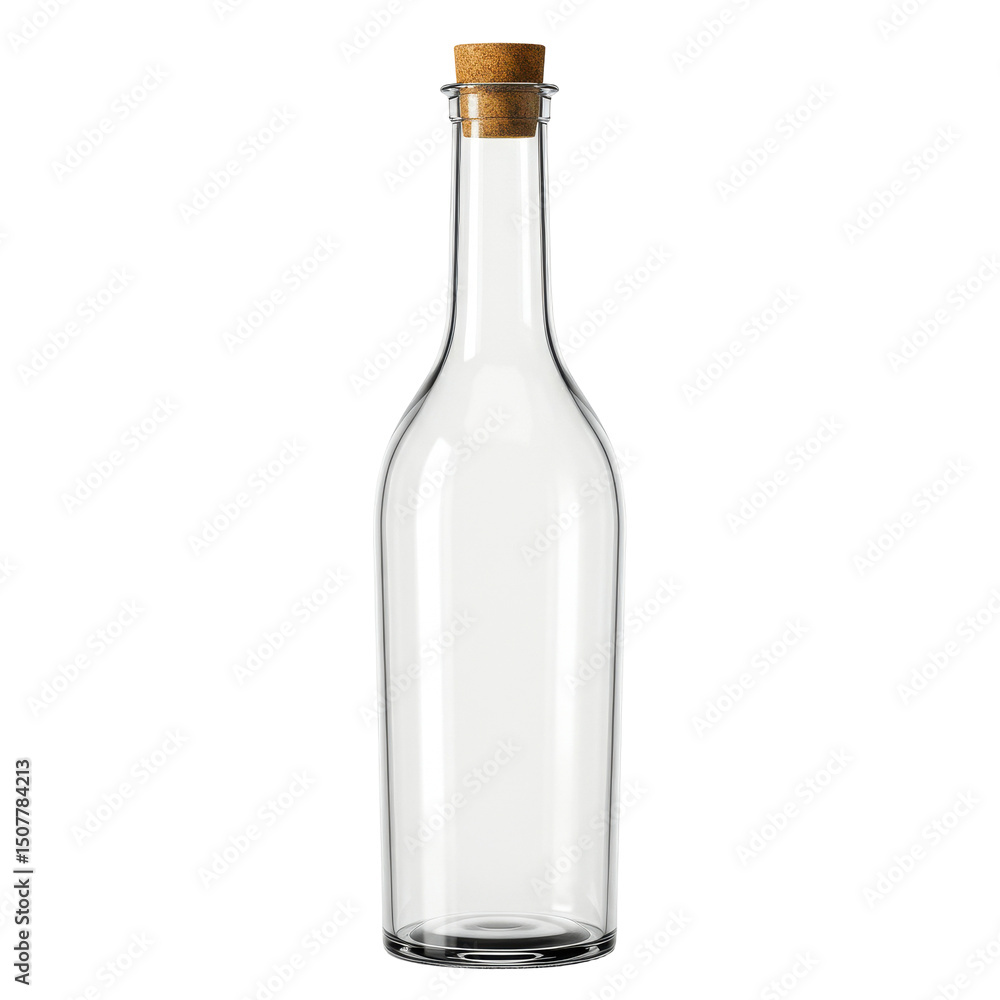Clear glass bottle with a cork stopper, elegant design, on a black background Clear glass bottle with a cork stopper, elegant design, on a black background