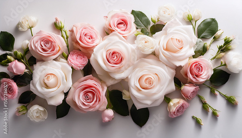 delicate pink and white roses arranged on an elegant white background romantic floral composition