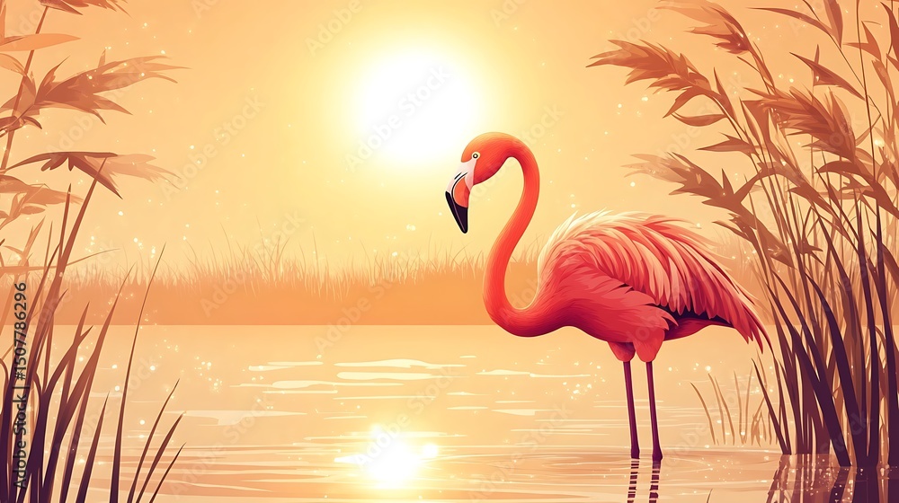 Fototapeta premium Pink flamingo by a tranquil waterside at sunset.