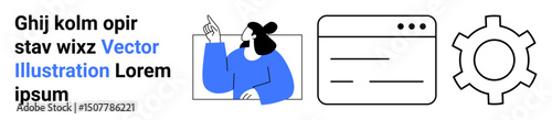 Person making a gesture, browser interface window, and gear icon representing technology, settings, user interaction, design planning, web development, customization, efficiency simple landing page