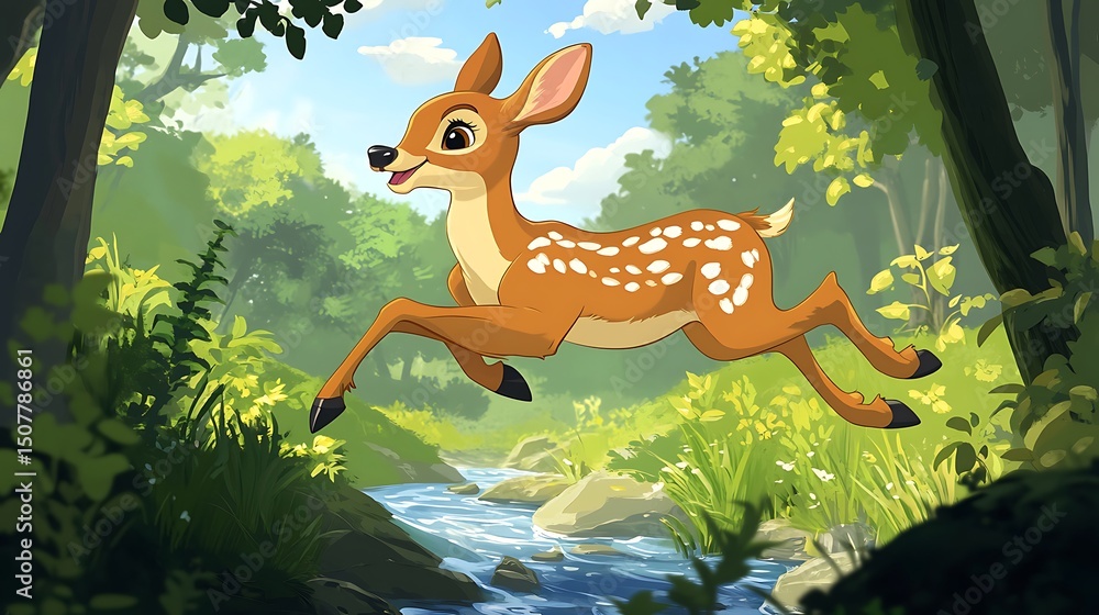 Naklejka premium A spotted deer leaps across a tranquil forest stream.
