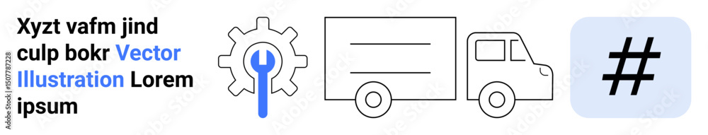 Fototapeta premium Gear with wrench, truck, and metadata tag symbol imply maintenance, delivery, and digital trends. Ideal for technology, logistics, repair services, e-commerce innovation operations simple landing