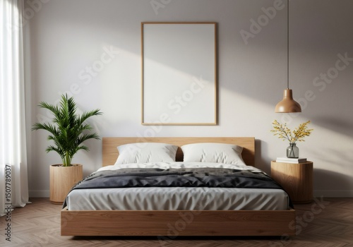 Blank wooden frame mockup in a cozy modern bedroom interior with natural light and bed.