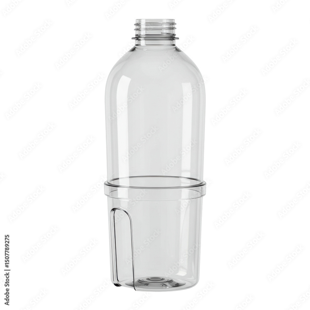 Clear water bottle with a cup holder at the base on a dark backdrop Clear water bottle with a cup holder at the base on a dark backdrop