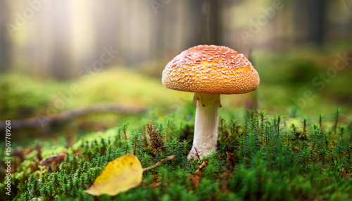 inedible mushroom amanita rubescens in autumn forest among moss