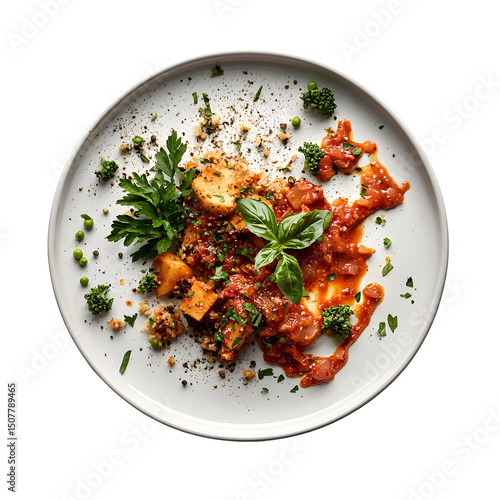A ceramic plate containing the remnants of a hearty homemade Italian pasta dish with a rich tomato sauce fresh herbs and spices isolated on a plain white background