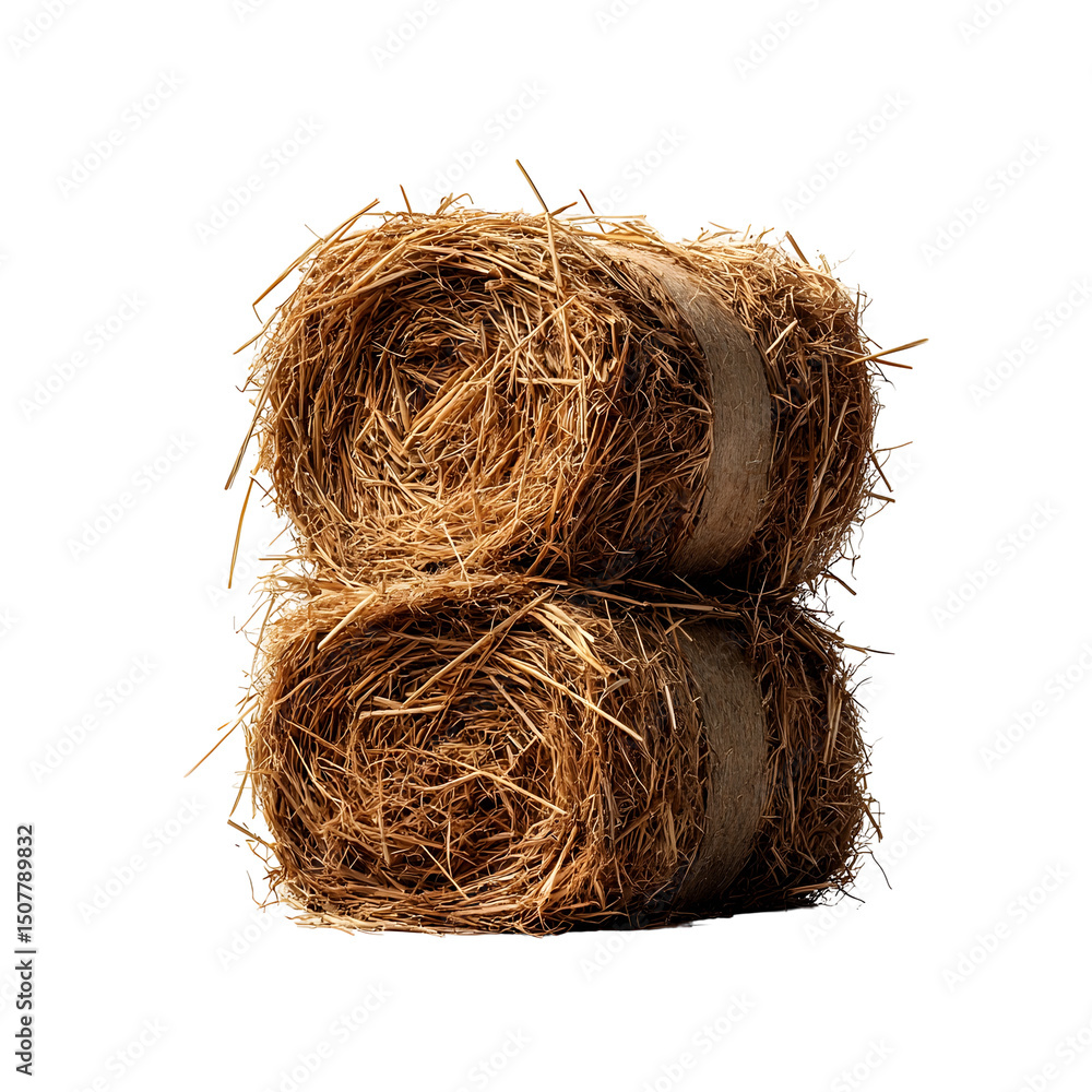 Obraz premium Two tightly bound round bales of dry textured straw captured in against a clean white backdrop showcasing the natural earthy tones and rugged composition of the harvested agricultural material