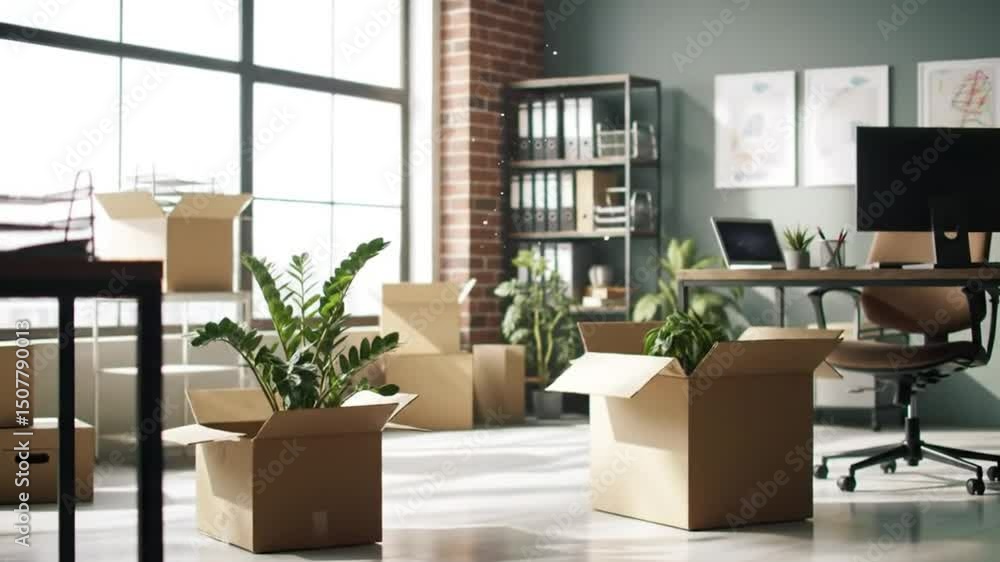 Boxes and plants in an office space with desks and filing cabinet seen through glass doors Boxes and plants in an office space with desks and filing cabinet seen through glass doors