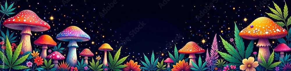 Fototapeta premium Psychedelic cubensis mushrooms and cannabis on black background, psychedelic patterns, entheogenic plant, abstract fungi, spiritual experience