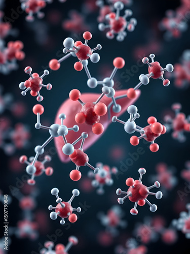 Drug molecules for treatment of cirrhosis, hepatitis and liver damage, liver disease, 3D animation.