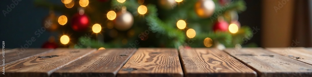 Naklejka premium Wooden table with blurred Christmas tree background and twinkling lights, wooden furniture, festive ambiance, holiday decor