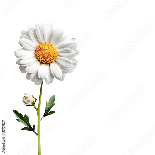 Close up photograph of a single fresh white daisy flower with a bright yellow center captured against a pure white background with minimal distractions