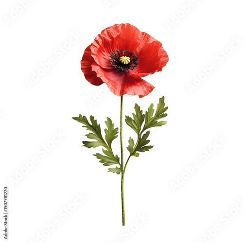A photograph of a single vibrant red poppy flower with delicate petals isolated against a clean and minimalist white background