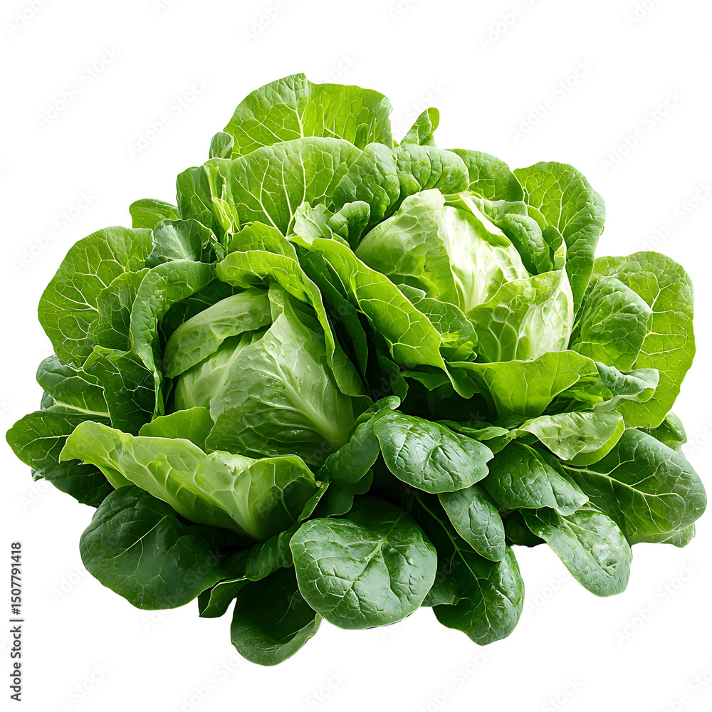 Fototapeta premium Close up photograph of a lush green butterhead lettuce with soft tender leaves on a pure white background