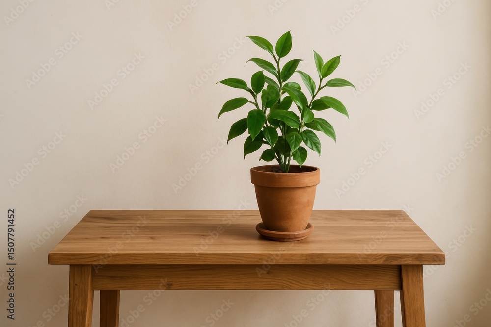 Simple Wooden Table with a Potted Plant, Creating a Minimalist and Natural Home Decor Scene Simple Wooden Table with a Potted Plant, Creating a Minimalist and Natural Home Decor Scene