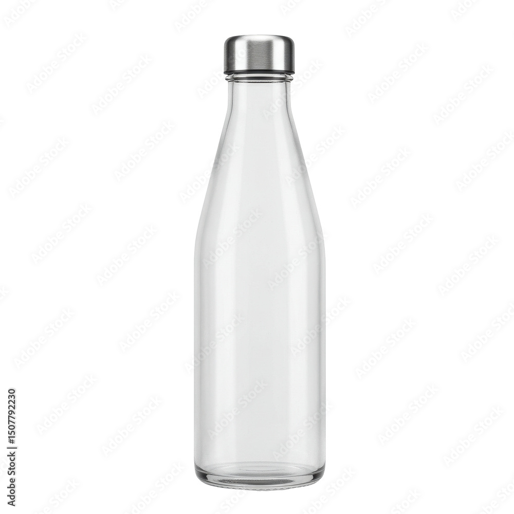 Glass bottle with metallic cap on the top shows a simple design and clear material Glass bottle with metallic cap on the top shows a simple design and clear material