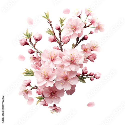 A vibrant bouquet of soft pink cherry blossoms bursting forth on a branch against a pure white background signaling the arrival of spring