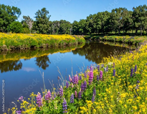 Serene Riverbank with Colorful Wildflowers and Calm Water Reflection