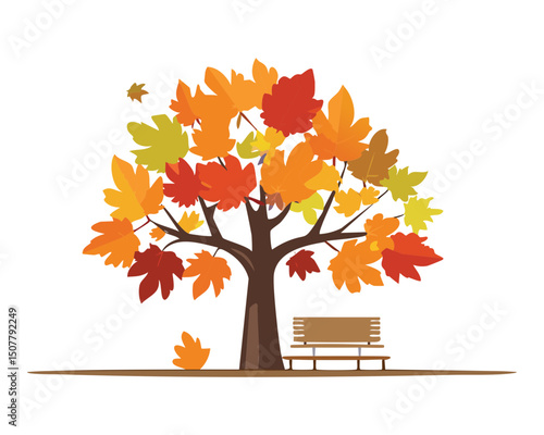 autumn tree in a park with long chairs - vector illustration