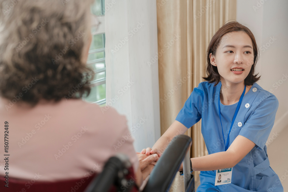 An elderly woman in a wheelchair shares a conversation with a caring healthcare professional in an outdoor setting. The scene highlights support, healthcare, and emotional well being in a peaceful. An elderly woman in a wheelchair shares a conversation with a caring healthcare professional in an outdoor setting. The scene highlights support, healthcare, and emotional well being in a peaceful.