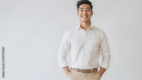 Portrait of a smiling Filipino young man wearing a white shirt and beige pants, posing with hands in pockets against a light background. Concept of youth, confidence, and positivity.