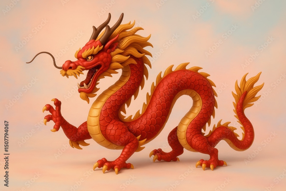 Obraz premium 3D rendered Chinese and Japanese style red dragons with pastel background, for festivals and design