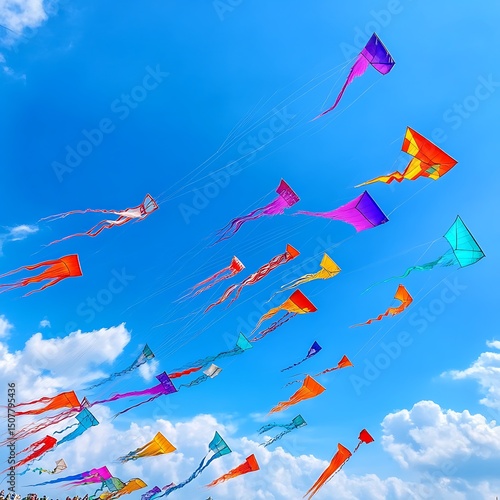 Colorful kites soar in a vibrant blue sky.