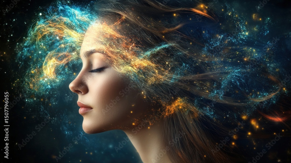 A woman's ethereal profile, swirling with vibrant cosmic energy A woman's ethereal profile, swirling with vibrant cosmic energy
