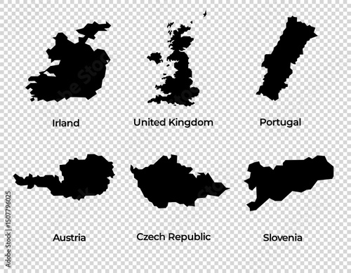 Map shape collection transparent background country simple map of Europe European countries Ireland United Kingdom UK Portugal Austria Czech Republic Slovenia