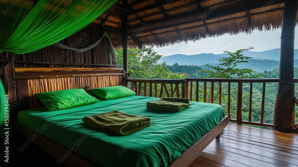 Fototapeta premium Jungle cabin bedroom with mountain views