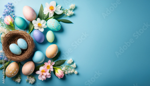 easter eggs and spring flowers on blue background with copy space