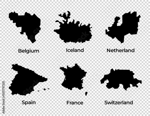 Map shape collection transparent background country simple map of Europe European countries Belgium Iceland Netherlands Spain France Switzerland