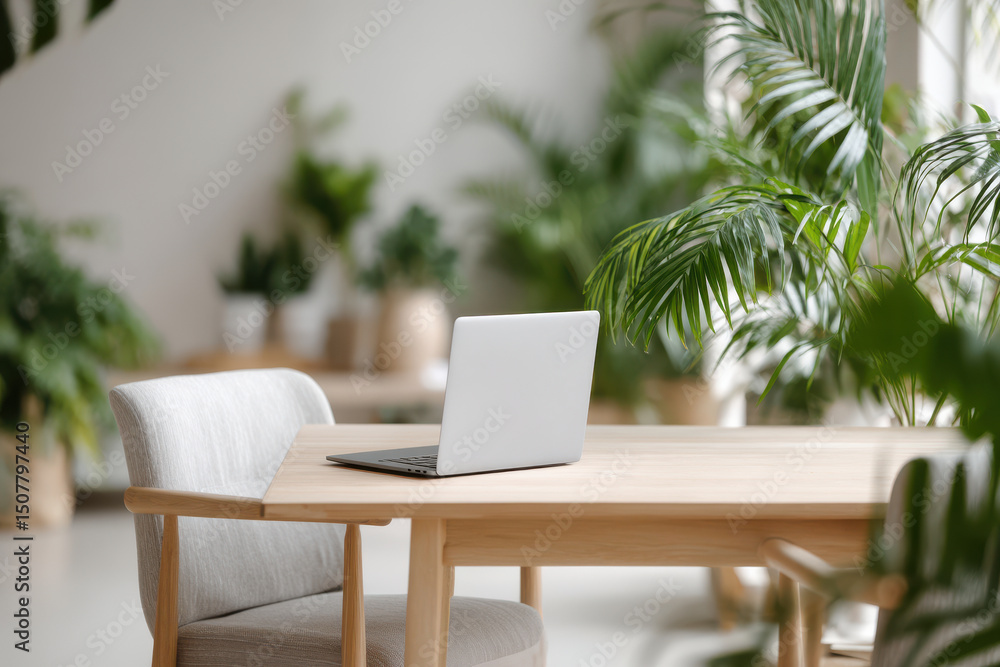 Fototapeta premium scandinavianstyle home office featuring sleek laptop surrounded by lush green plants